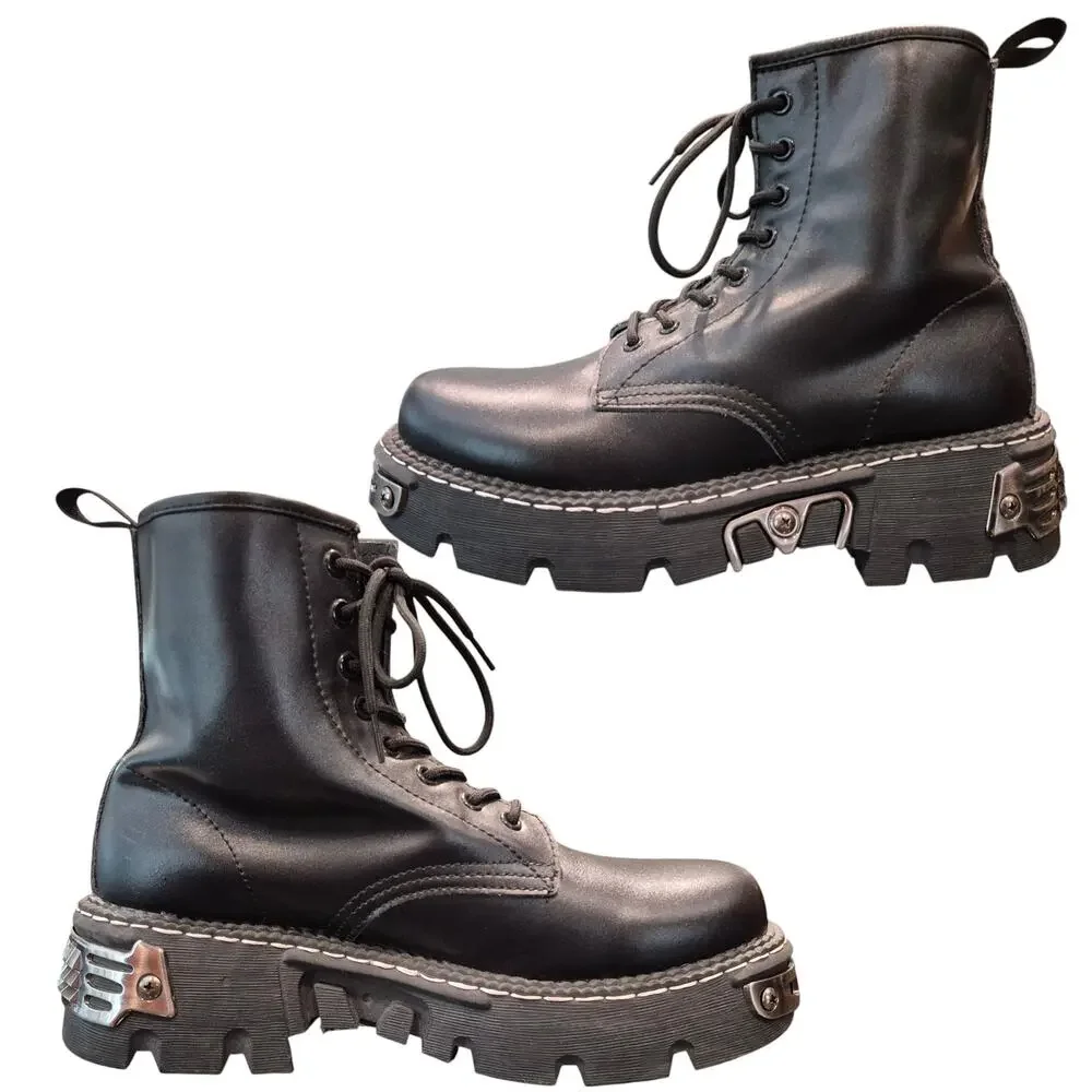 Jing Pin BUBU ZIYOU Black Leather MOTO GOTH PUNK Platform Boots Men's 10 1/2